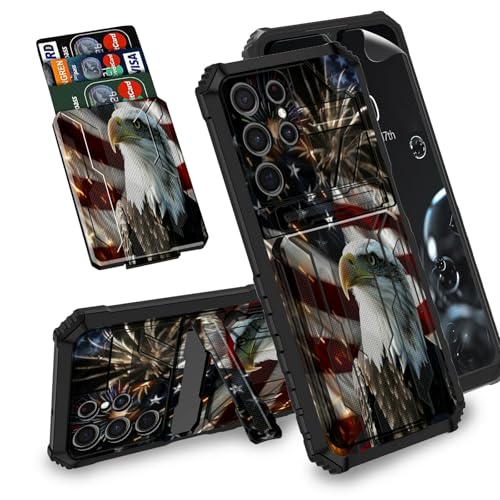 BREIDMKFM for Samsung Galaxy S24 Ultra Case with Screen Protector & Kickstand & Card Holder Detachable Dual Layer Hybrid Shockproof Case for Samsung Galaxy S24 Ultra,Flag Cute Eagle