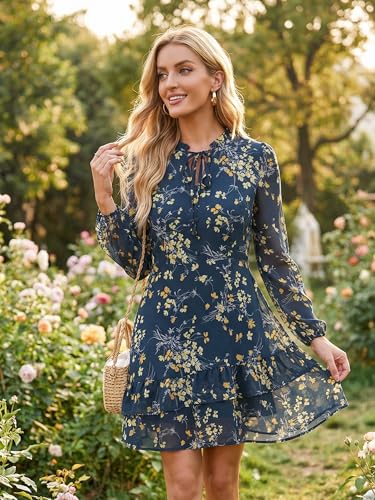 Image of Allegra K Women's Spring Dresses 2026 Tie V Neck Semi Sheer Long Sleeve Layered Tiered Chiffon Mini Floral Dress