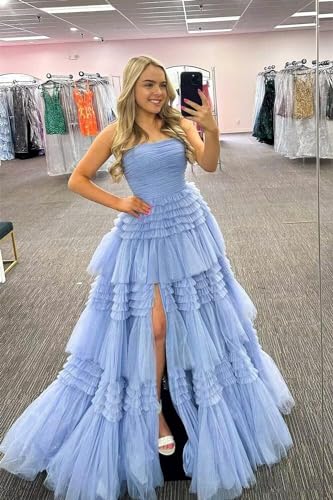 Tiered Tulle Prom Dresses Long Ball Gowns Strapless Formal Dress for Women Evening Party Gowns with Slit4