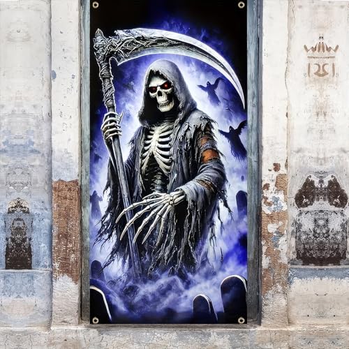 Image of BlissYard Halloween Grim Reaper Door Cover 70x35 Inch Polyester | Entry Banner, Wall Backdrop | Grim Reaper Door Decor, Indoor Party Scene | Porch, Hallway, Photo Area (Night Art)