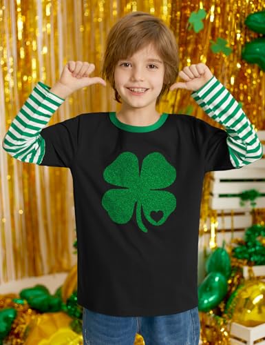 Image of Unisex Kid's St Patrick's Day Shamrock Top Striped Patchwork Irish Clover Long Sleeve Shirt 4-14 Years