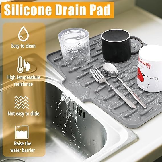 Image of Silicone Dish Drying Mat for Kitchen - Large Quick-Dry Countertop Mat with Built-in Drain Lip, Non-Slip, Heat-Resistant & Hygienic Draining Pad for Utensils & Dishes (32.5 x 24 cm)