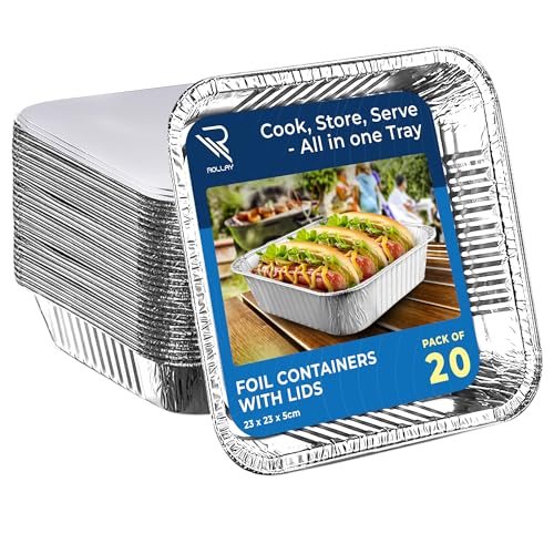 Rollay 20-Pack Aluminium Foil Trays with Paper Lids 9x9 Inch Foil Food Containers with Lids Oven & Freezer Safe Takeaway Baking and Storage Square Trays
