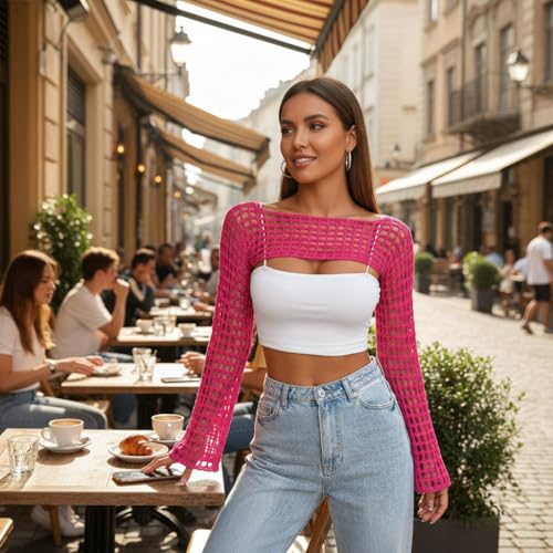 Image of Womens Crochet Shrug Y2K Hollow Out Bolero Shrug See Through Cropped Knit Sweater Top
