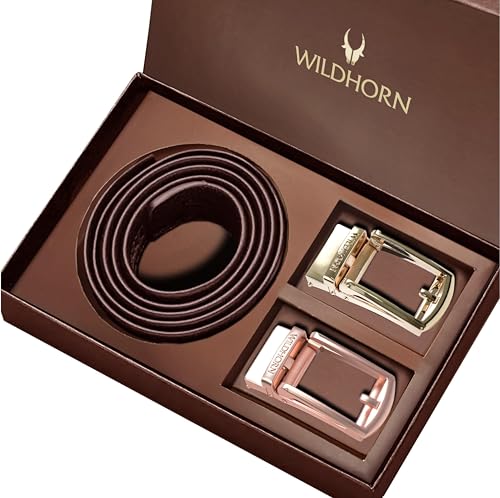 Image of WildHorn Men's Leather Belt Gift Set | Genuine Leather belt Strap with 2 Interchangeable Buckles | Formal & Casual Wear Adjustable Belt | Automatic lock leather belt for men