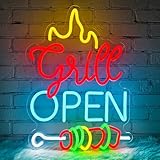 Lxmoneon Grill Open letrero de neón Letreros de neón LED para barbacoa de pared, letrero LED abierto regulable, luz de neón USB para barbacoa bar cerveza pub restaurante fiesta