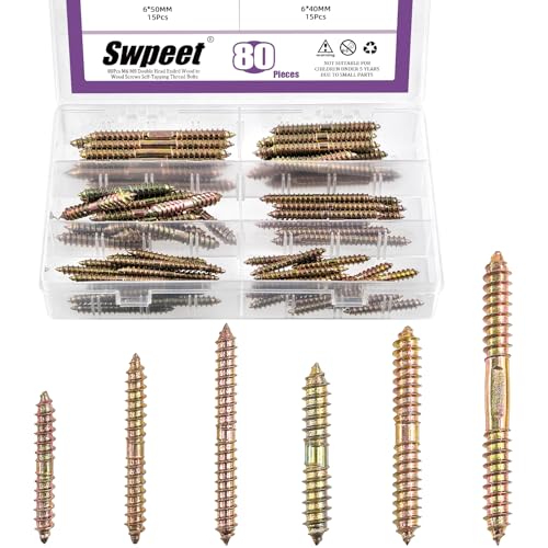 Swpeet - Juego de 80 tornillos de doble cabeza de zinc de 6 tamaños M6 M8, tornillos de doble extremo, tornillos de espiga para madera, pernos roscados autorroscantes para carpintería y conexión de