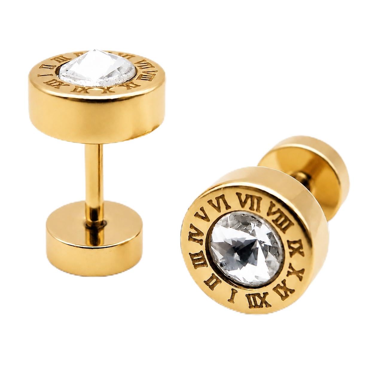1 Pair Golden Roman Numeral Round Crystal Earrings With Cubic Zirconia Stone-picture-24