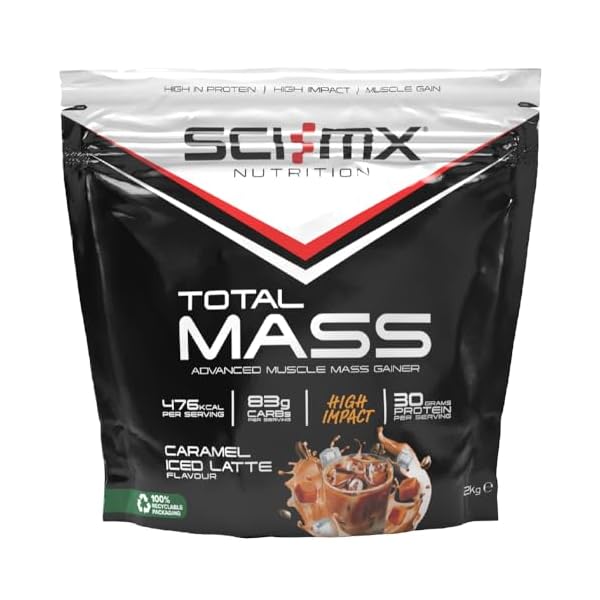 SCI-MX Total Mass – Advanced Muscle Mass Gainer Protein Powder – Muscle Growth & Weight Gain – Caramel Iced Latte • 32g Protein + 477 Calories per Serving • 2kg