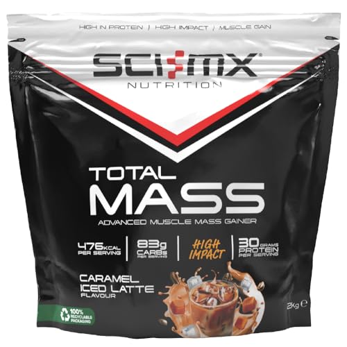 SCI-MX Total Mass - Advanced Muscle Mass Gainer Protein Powder - Muscle Growth & Weight Gain - Caramel Iced Latte • 32g Protein + 477 Calories per Serving • 2kg