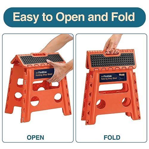 Image of Flottian 13 inch Folding Step Stool for Adults and Kids Holds Up to 300 lbs,Non-Slip Folding Stools with Handle, Compact Plastic Foldable Step Stool for Bathroom,Bedroom, Kitchen,Orange-Red,1PC