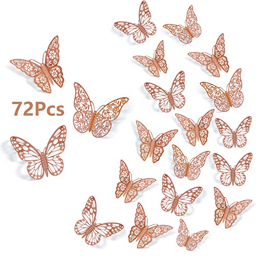 Image of 3D Butterfly Wall Decals, 72Pcs 3 Sizes 3 Styles, Removable Srickers Wall Deccor Room Mural for Party Cake Decoration Metallic Fridge Sticker Kids Bedroom Nursery Classroom Wedding Decor DIY Gift (Ros