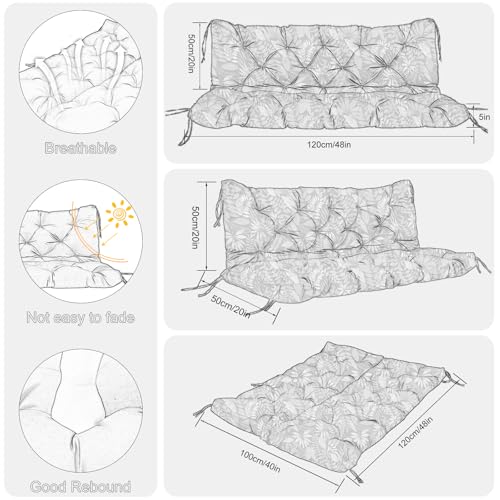 Image of Porch Swing Cushions Outdoor 48 inch x 40 Waterproof Swing Cushions 3 Seater Replacement with Backrest & 8 Ties 5 inch Thick Bench Swing Cushions for Outdoor Furniture Patio(Leaf Print)