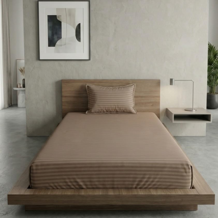 Image of Home Sizzler Microfibre Beige Satin Stripe Elasticated Fitted Single Bedsheet (72x36 Inches) with 1 Pillow Cover