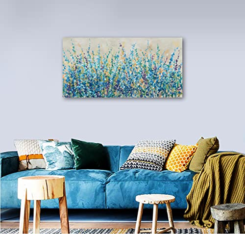 Image of Abstract Floral Canvas Wall Art,Teal Botanical Canvas Pictures Blue Leaf Blossom Spring Painting Wall Decor for Living Room Bedroom Kitchen Home Office Decoration Framed 24 inchX48 inch