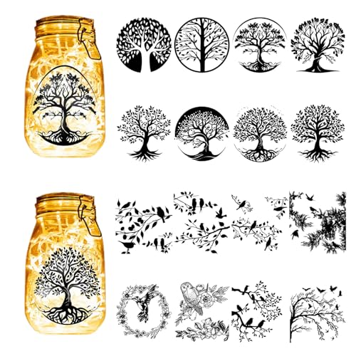 CREATCABIN 16Pcs Tree of Life Silhouettes Mason Jar Decor Birds Lantern Laser Cutouts Ornaments Scrapbook Embellishment for Frosted Glass Wall Windows Cars DIY Craft Xmas Black 3.9x3.5Inch(No Sticker)