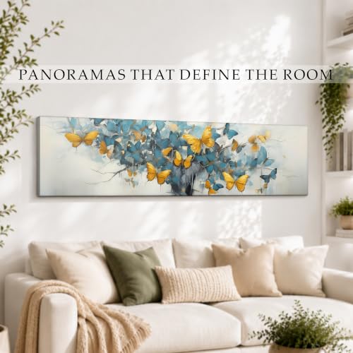 Image of Large Stretched Canvas Painting, Panel Wall Painting Abstract Tree with Yellow Butterfly Luxury Paintings for Home Decoration, Living room, Bedroom and Office Decor (Sky Blue, 12x46 Inch)