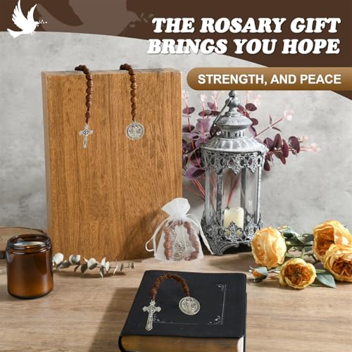 Image of Bovemee Saint Benedict Medal Prayer Pocket Rosary Catholic Brown Wood Beads with Medalla de san benitol and Crucifix, 9 Inch