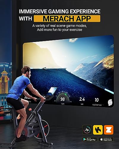 Image of Merach Exercise Bike, Magnetic Friction Stationary Bike with Brake Pad and Exclusive App, Low Noise Indoor Cycling Bike with 300lbs Weight Capacity, Tablet Mount and Fitness Courses for Weight Loss