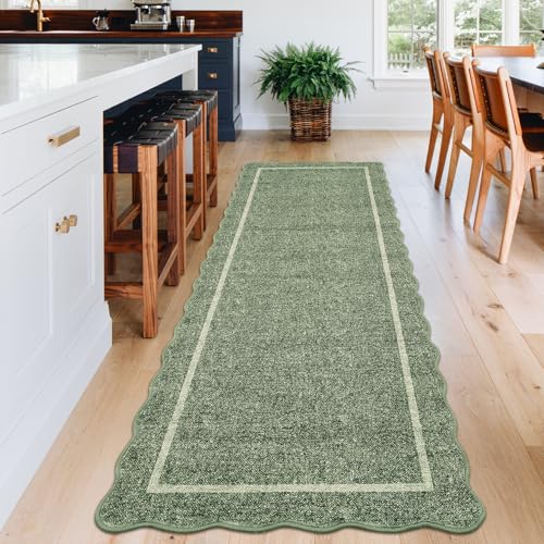 GarveeHome Scalloped Washable Runner Rug 2x8 Runner Modern Non Slip Kitchen Rugs Entryway Rug Farmhouse Soft Bathroom Rugs Stain Resistant Carpet for Hallway Laundry Bedroom 2'x8' Greyish Green