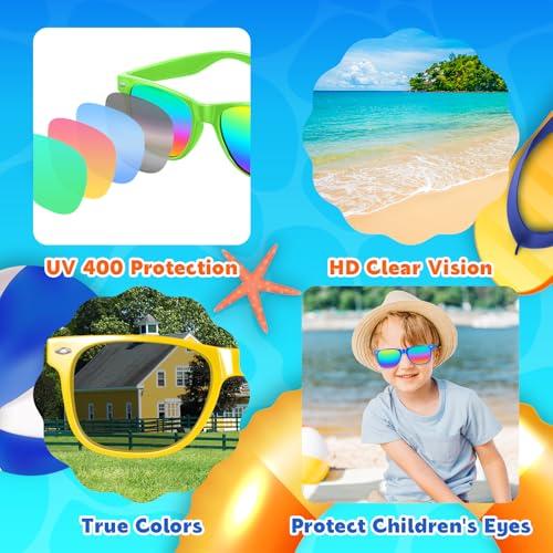 Max Fun 28 Pack Kids Party Sunglasses Bulk, Neon Colors UV400 Protection Glasses for Birthday, Pool Beach Summer Party Favors3