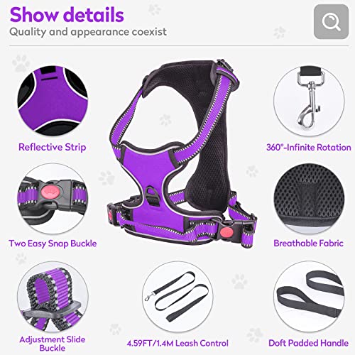 Vikaster No-Pull Dog Harness, Reflective, Large, Purple, Striped, Nylon, Adjustable, Anti-Pull, Safe, Comfortable, Breathable - Image 2