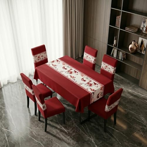 Image of Styleys Dining Chair Cover with Table Covers for Kitchen Waterproof Dining Table Cloth (1 Table Cover + 6 Chair Cover, Floral Wine, K722)