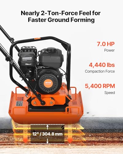 Image of VEVOR Plate Compactor, 7 HP 196CC Gas Engine, 5400 VPM Vibrating Ground Rammer, 4440 lbs Compaction Force, 23 x 18 in Plate, Walk Behind Compactor for Paver Landscaping, Asphalt, Foundation, Soil