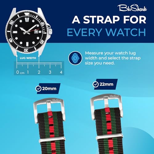 Image of BluShark - Original Collection Military-Style Waterproof Watch Strap, Fits All Timepiece Brands, Durable Nylon Wristwatch Accessories with Stainless Steel Buckle - 18mm, 20mm, 22mm & 24mm Watch Bands