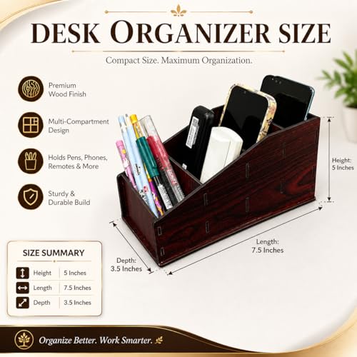 Image of Zesta Wooden Desk Organizer Pen Stand Remote Holder Card Slot | Table Accessory Office Desk Study Room | Pencil Storage Stand Stylish Workspace Decor (Multi-Holder Big)