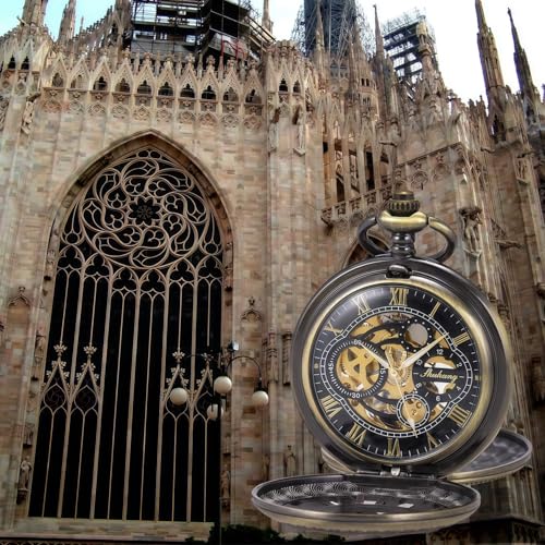Image of SIBOSUN Pocket Watch Skeleton Mechanical Double Case Hand-Wind Bronze Roman Numerals Antique Chain Mens