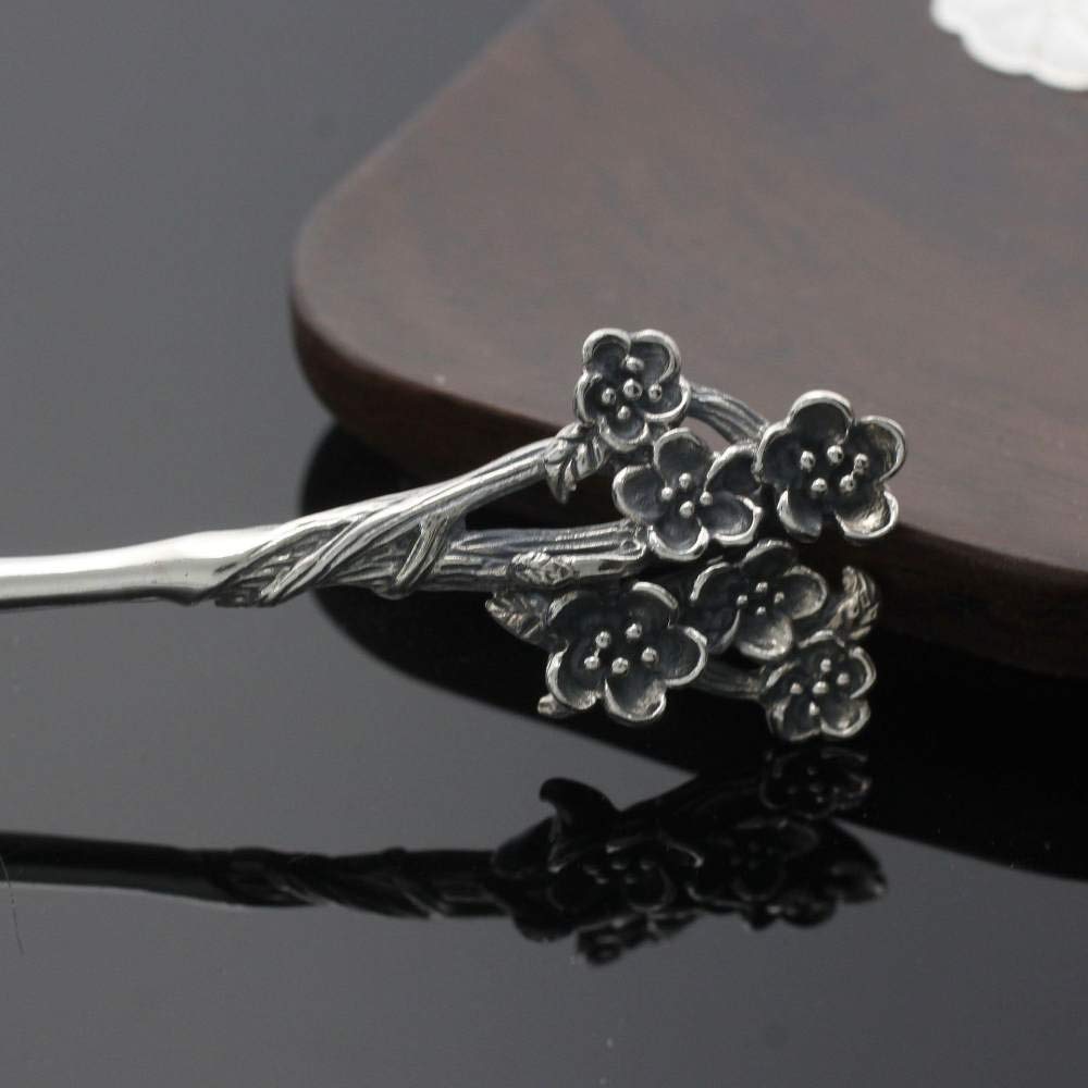 Gioielli per Capelli Cinesi, Forcina for Capelli Vintage, Accessori for Capelli in Argento Sterling S925, Bacchette Cinesi for Capelli con 6 Fiori di Prugna e Ramo Intagliato.