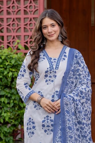 Image of PARTHVI Women's Pure Cotton Printed Straight Kurta Set with Palazzo Pants & Dupatta- Ethnic Wear, Green