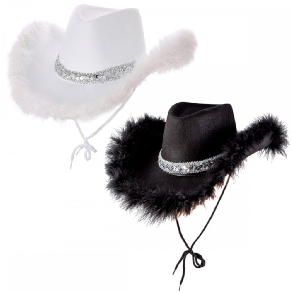 2 Pack Cowgirl Hats (Multiple Options) : Adult Ladies Womens Western Wild West Hen Night Music Festival Barn Dance Rodeo Fancy Dress Cowboy Costume Accessories (Sequin & Marabou Feather, Black,White)