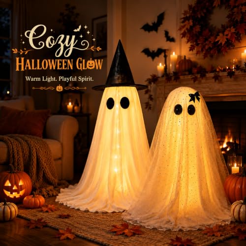 Twinkling Ghost Halloween Decor, 2 Pack Witch Hat and Bow Ghost Couple - image 5