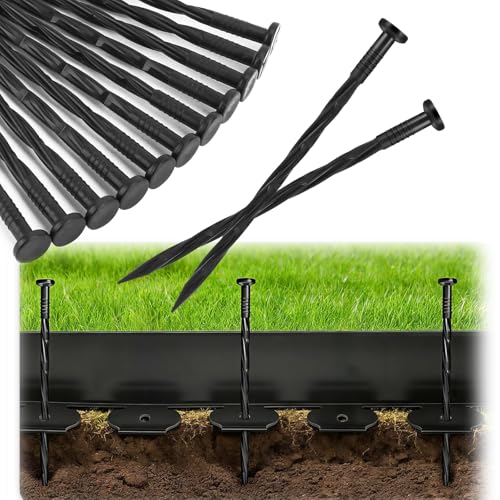 Garaook 100PCS 8-Inch Plastic Landscape Edging Stakes Spiral Nylon Landscape Spikes Anchoring Nails for Weed Barrier Paver Edging Landscape Edging Artificial Turf Grass Pathways Black