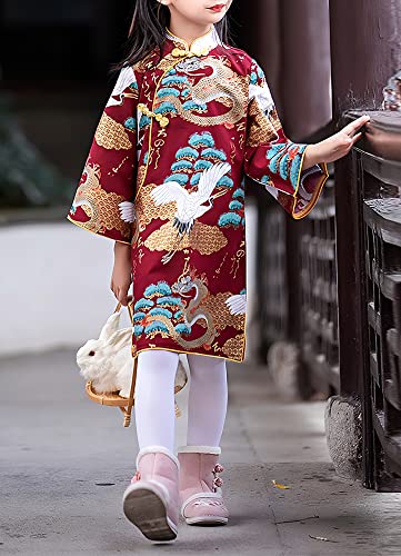 Girl's Long Bell Sleeve Gilded Chinese Dragon Crane and Pine Tree Dress2