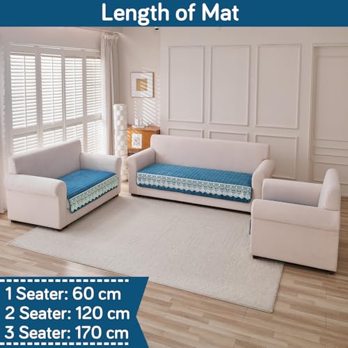 Image of HOKIPO 'BelleLace Series' 6 Seater Sofa Cover Mat in 3+2+1 Configuration | Imperial Milk Velvet with Lace Design | Celadon Blue (AR-5966+5964+5962-BL)
