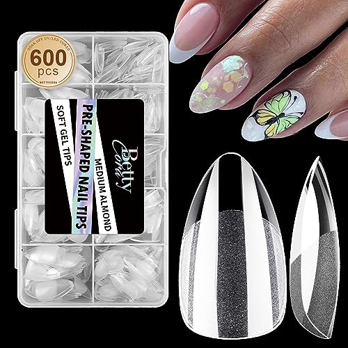 Short Almond Nail Tips - BettyCora 600Pcs Soft Gel Nail Tips Pre-buff Almond Shaped Nail Tips for Nail Extensions Soak Off, 10 Sizes
