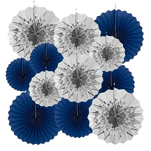Image of MOWO Royal Blue and Silver Paper Fans Hanging Decoration, 12pc | Wall Decoration Background, birthday graduation wedding retirement new year christmas day party decoration