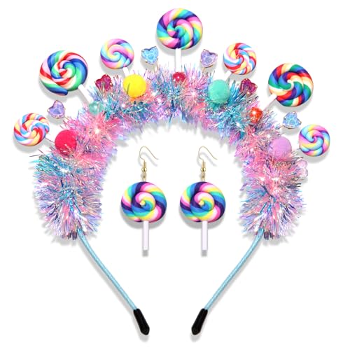 CEALXHENY Candy Headband Accessories for Women Pom Pom Lollipop Headbands Halloween Christmas Headband Outfits for Women Candy Costume Birthday Party Favors (Pattern A)