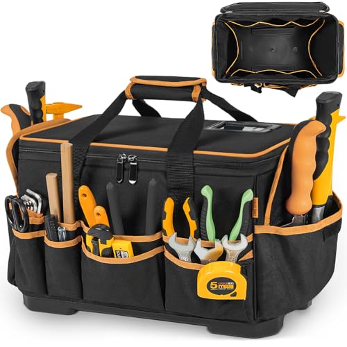 16 Inch Tool Bag with Waterproof Hard Bottom, Large Multi-Pockets Tool Tote Box Organizer Heavy Duty...