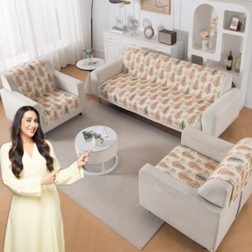 Image of HOKIPO Royal Kalamkari Quilted Sofa Cover 5 Seater with Tassels Set - Sofa Cover for Seat & Back | 'Tassel Twigs' Series (NEW-IN-991-T2 + IN-989-T2)