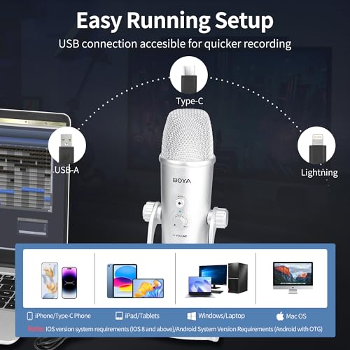 BOYA Microfone USB, microfone condensador de gravação para gravação de jogos no YouTube, microfone d