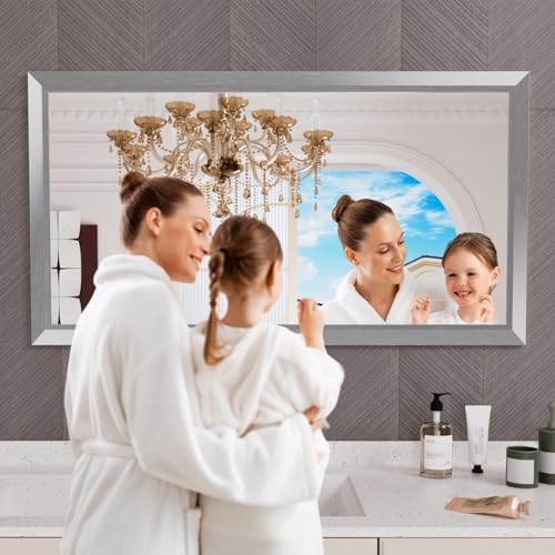 Amorho 50 X30 Inch Bathroom Mirror Silver, Thick Metal Framed Wall Mirrors for Over Sink, Brushed Nickel Mirror Perfect for Bedroom, Living Room, Entryway, Rectangle (Horizontal/Vertical).