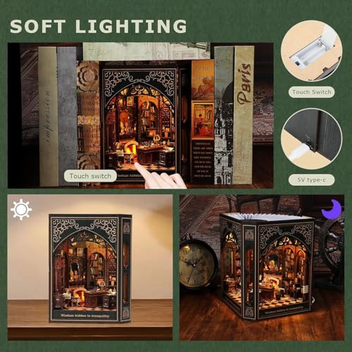Image of Book Nook Kit with Nightlight - Type-C and Battery Powered DIY Bookshelf Decor, Perfect for Home and Office Gift（Classical Library）