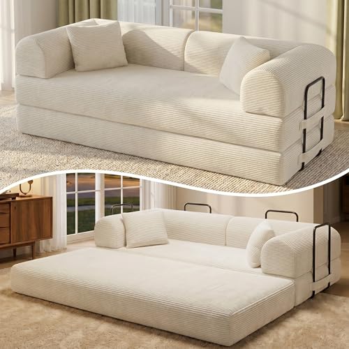 Kelviss 79'' Convertible Lounge Sofa Bed, 5-in-1 Corduroy Sleeper Couch with Pull Out Bed, Folding Floor Sofa for Living Room, Oversized Design, No Assembly (Beige White)