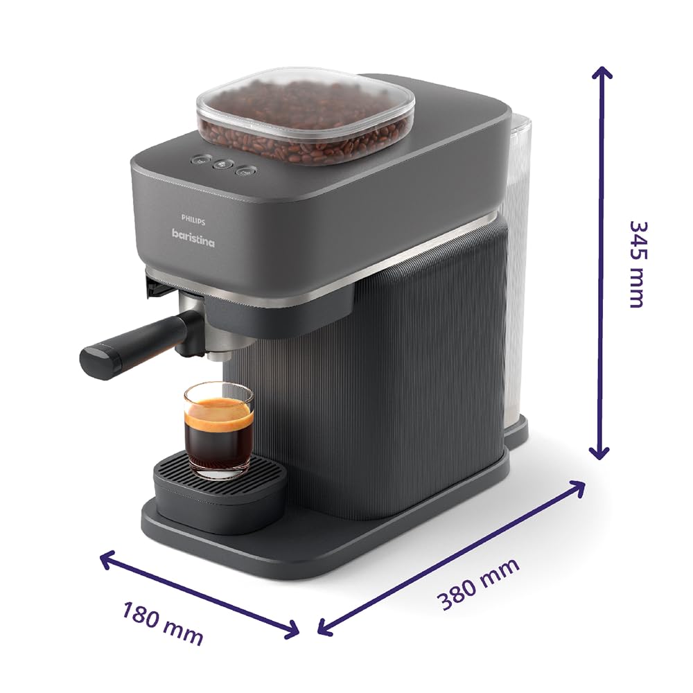 Philips Baristina Espressomaschine und Milchaufschäumer Paket –Automatisches Mahlen, Tampen & Brühen, 16 Bar, Kaffeemaschine mit Mahlwerk & Siebträger, leichte Reinigung, Schwarzgrau (BAR308/60)