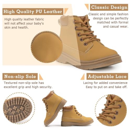 Casazoe Boys Girls Leather Hiking Snow Boots Little Kid High Top Dress Shoes Toddler Lace Up Non-Slip Texture Sole Loafer Ankle Flats Classic Casual Walking Work Boot(Toddler/Little Kid)2