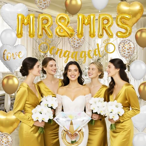 Image of Gold Engagement Party Decorations, MR and MRS Balloons Ring Foil Banner